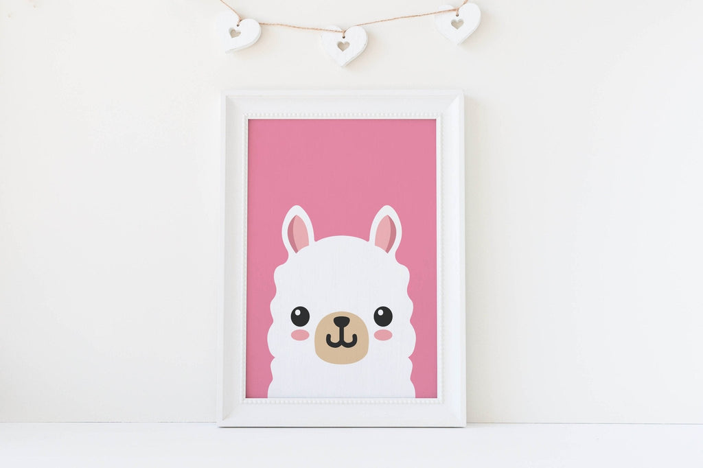 Wall Funk's charming nursery print features a cute llama face on pink with heart decorations.