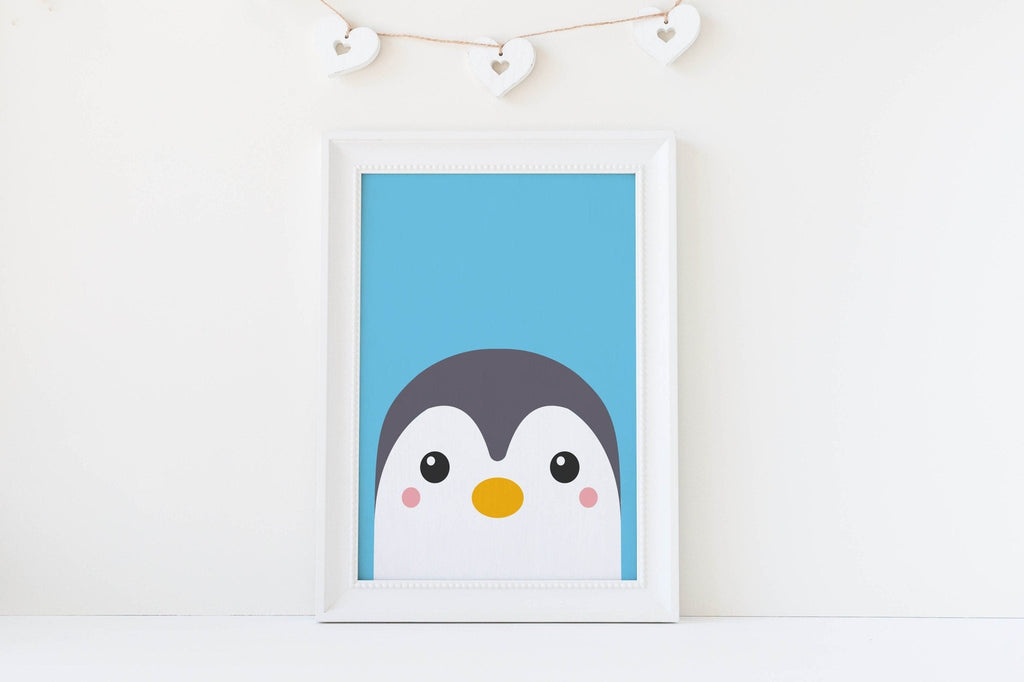 Wall Funk's Charming Animal Nursery Art Prints feature a cute penguin and more with hearts; ideal decor for kids' rooms in various sizes.