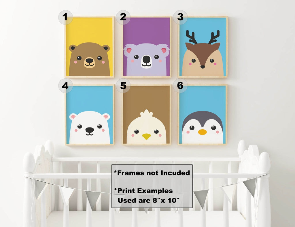 Wall Funk's Animal Nursery Prints decorate the wall above a crib, featuring bear, koala, penguin, polar bear, deer, and owl designs.