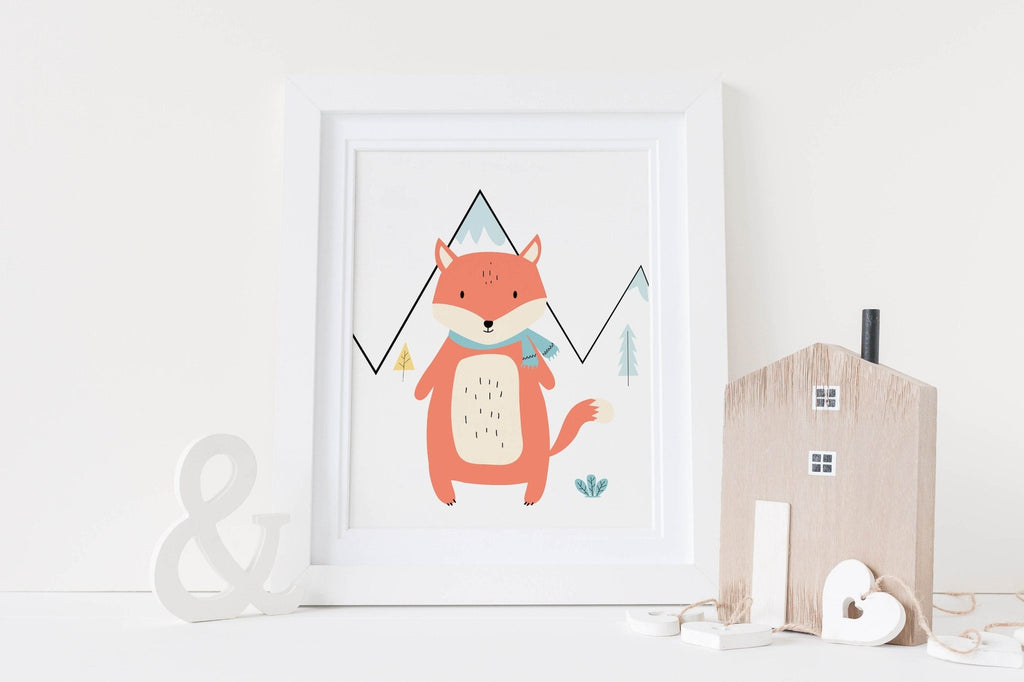 Wall Funk's Charming Nursery Wall Art: Adorable bear, raccoon, and fox in soft pastels; perfect for a playful kids' room.