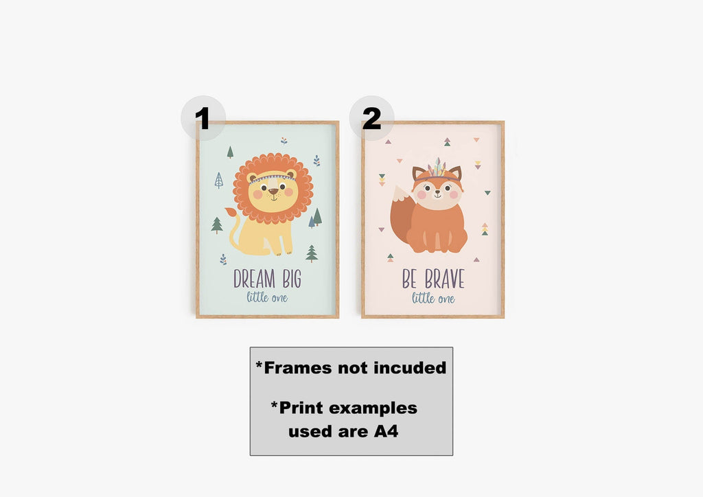 Two charming Wall Funk nursery prints: 'Dream Big' lion & 'Be Brave' fox. A4 size, frames not included.