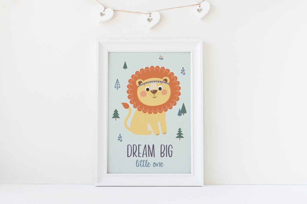 Wall Funk's art print features a smiling lion with "Dream Big," surrounded by trees and hearts to inspire your little one's imagination.