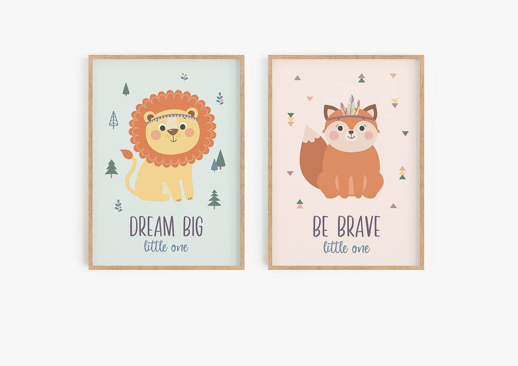 Wall Funk's framed nursery art includes 'Dream Big' lion & 'Be Brave' fox with colorful backgrounds and cute graphics.