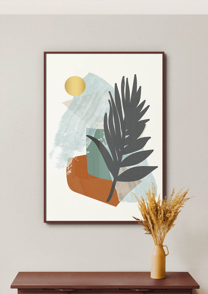 Boho Floral Leaves & Shapes Abstract Wall Art Prints by Wall Funk, featuring geometric and leaf designs, available in custom sizes.