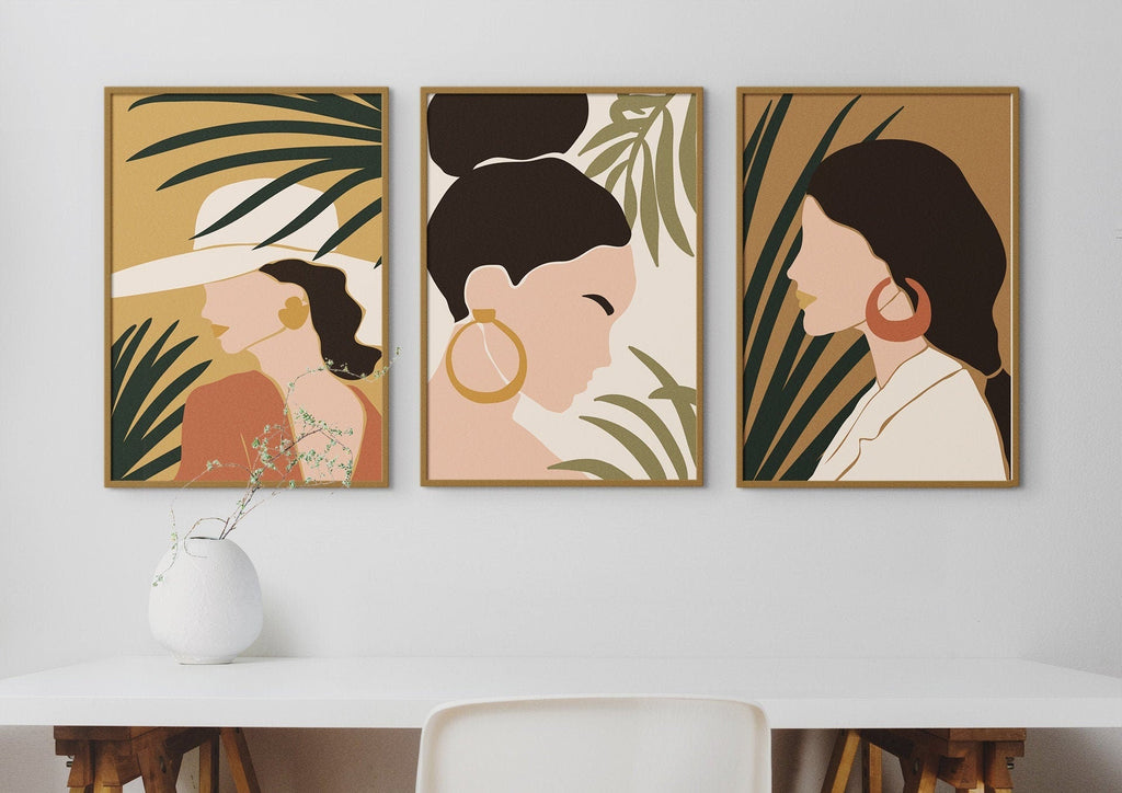 Three Wall Funk "Beautiful Women Silhouette Floral" Prints, perfect above a white desk with a vase; available in custom sizes.