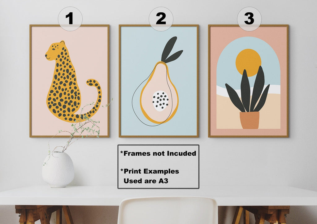 Wall Funk's Floral Abstract Wall Art set features a leopard, stylized pear, and plant with sun. A3 size; frames not included.