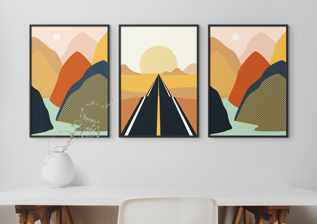 Modern Nature Landscape Art Prints by Wall Funk adorn the white desk with abstract mountains, a road, & a minimalist vase; custom sizes.