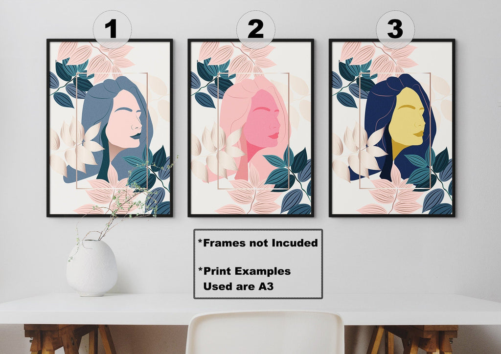 Three Wall Funk "Floral Abstract" prints, numbered 1-3, displayed above a table with a vase. Modern art on quality card.