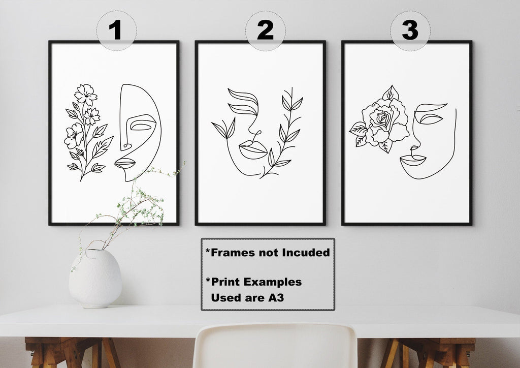 Three Wall Funk "Floral Abstract" prints adorn the wall above a white table with a vase, showcasing minimalist modern art.