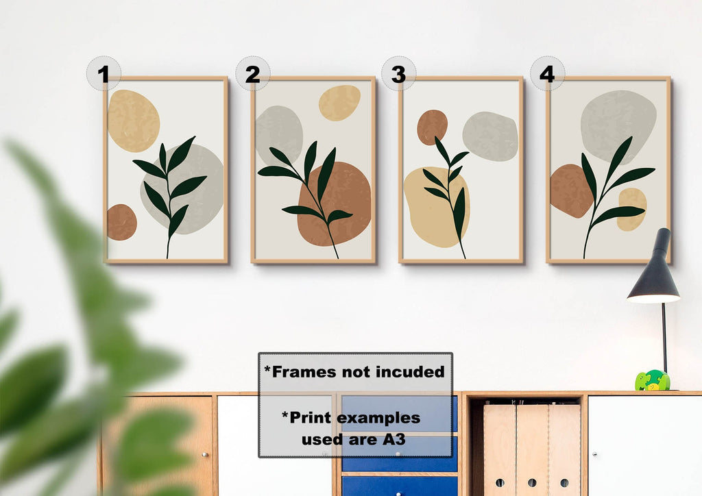 Four 'Floral Abstract Wall Art' prints by Wall Funk feature abstract leaves in neutral tones above shelves on high-quality card.