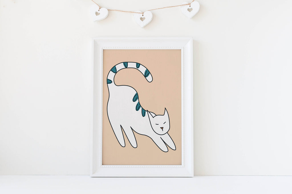 Charming Cat by Wall Funk: Whimsical minimalist cat art print with teal accents and heart decor, ideal for children's rooms.