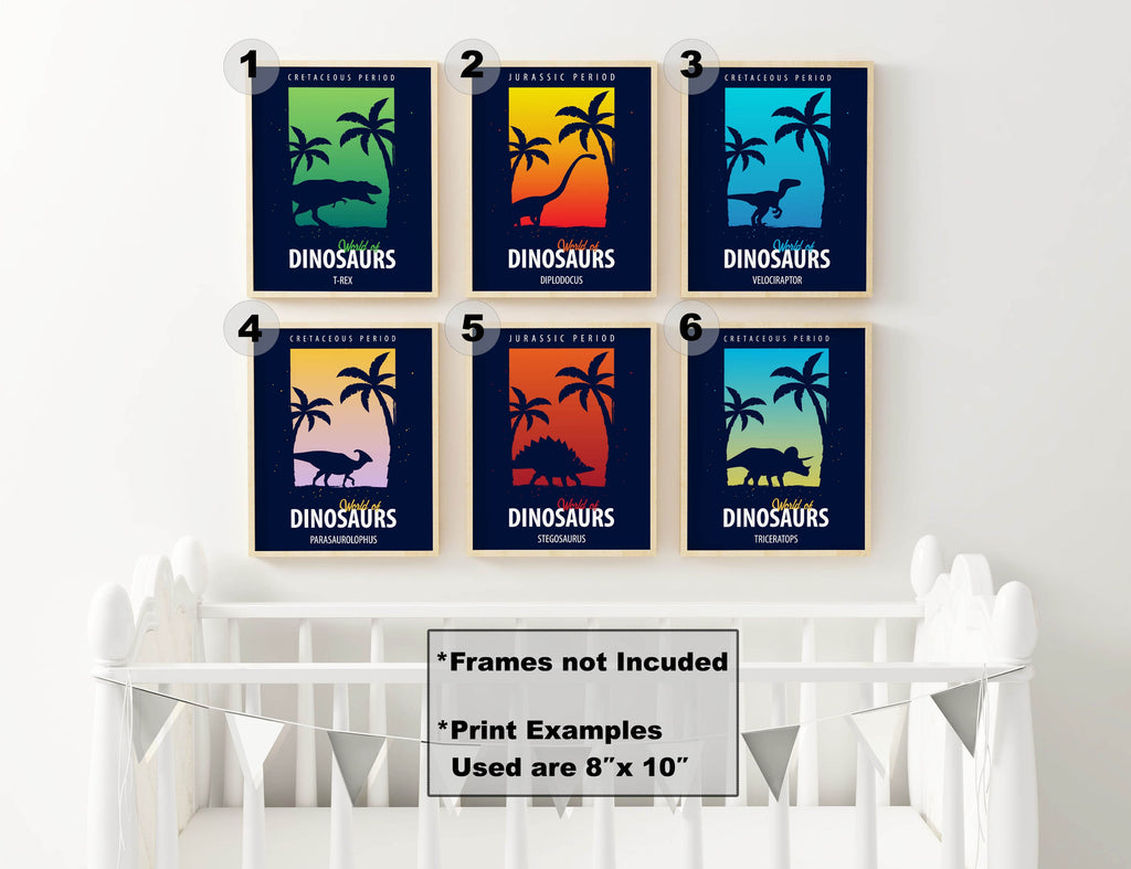 Wall Funk's Dinosaur Themed Children's Wall Art Prints decorate a nursery with six dino silhouettes, each with a palm tree, above a white crib.