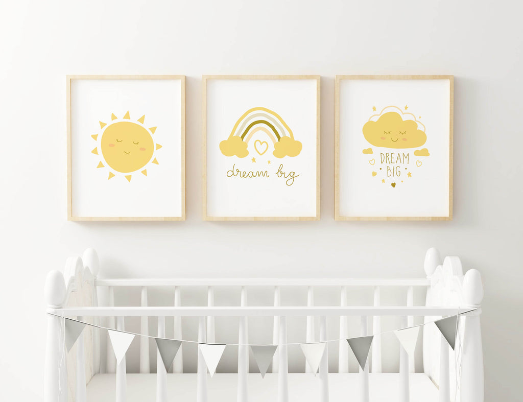 The Wall Funk "Dream Big" Nursery Prints (NP#41) set features sun, rainbow, and cloud designs for your child's room.