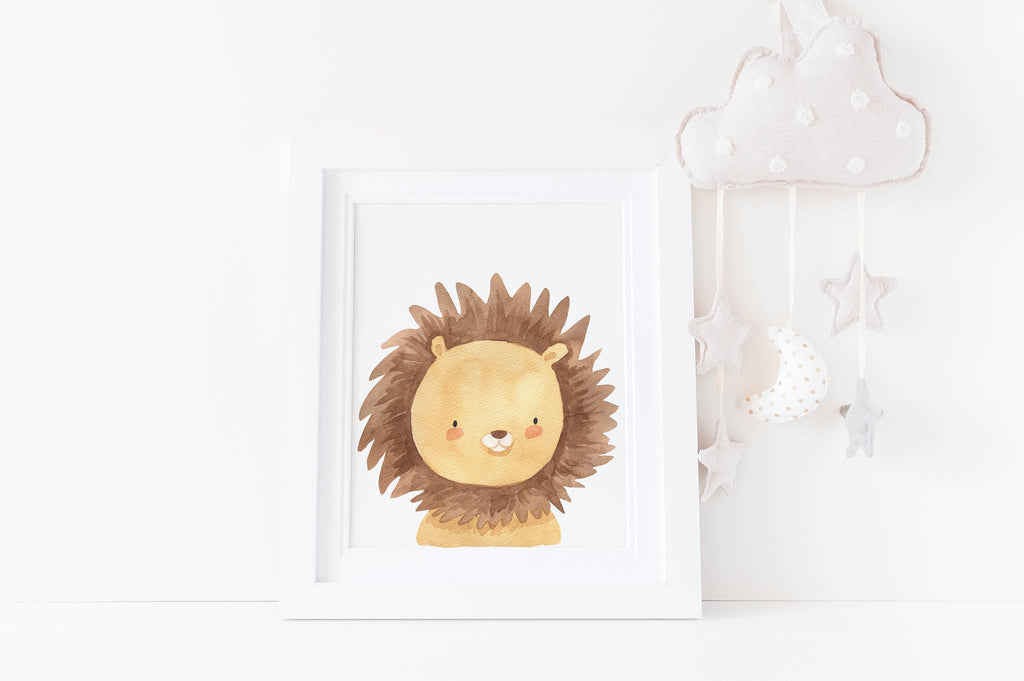 Wall Funk's Safari Nursery Prints: Framed high-quality lion art with plush cloud & hanging stars. Perfect for nursery walls. NP#06.