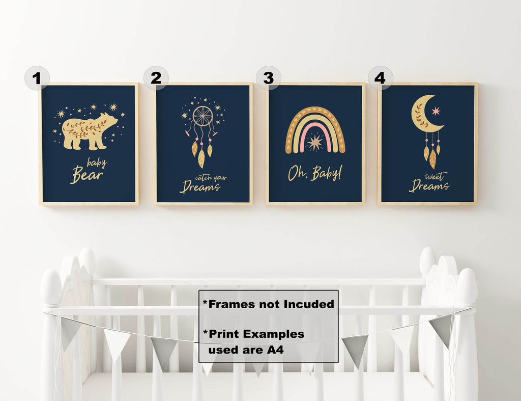 Experience the enchanting collection of Wall Funk's Boho Nursery Art Prints (NP#60), featuring a delightful bear, dreamcatcher, rainbow, and moon with stars against a dark backdrop. These charming nursery prints are printed on high-quality card and available in custom sizes to seamlessly complement your space.