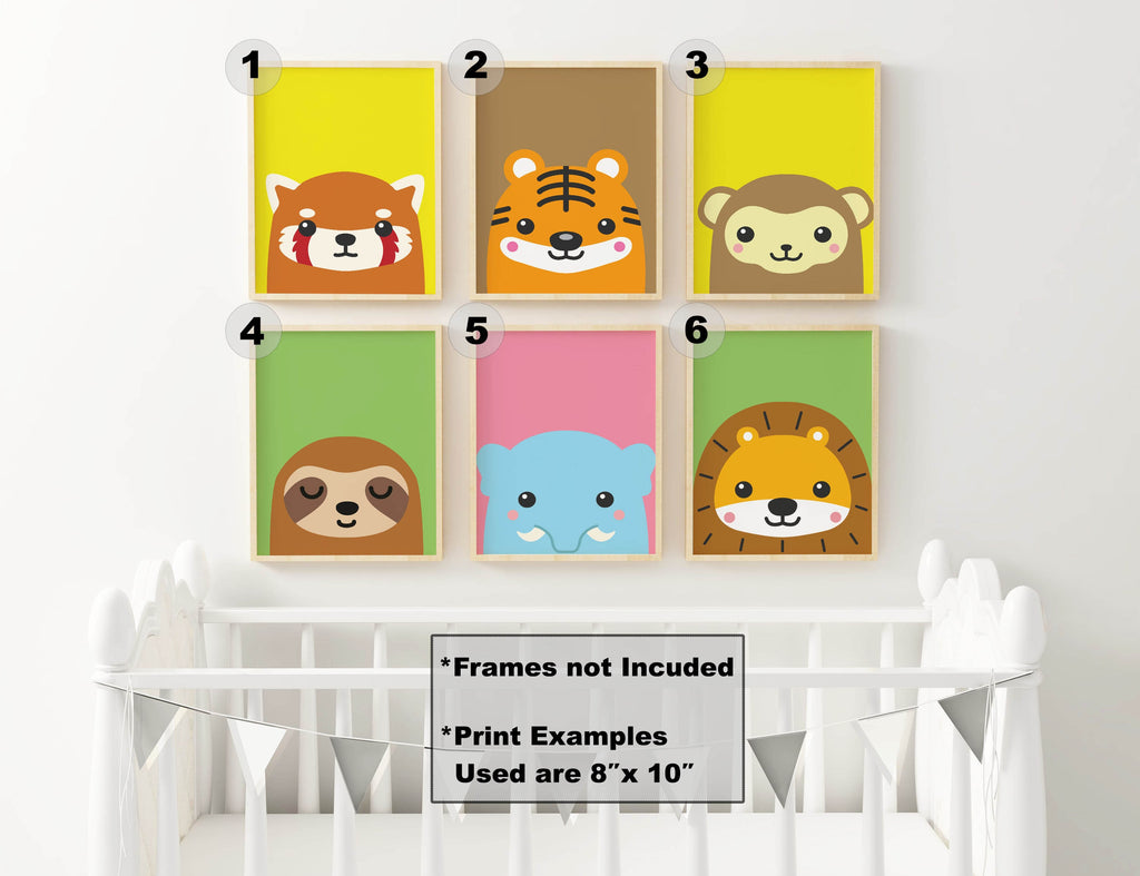 A white crib with six Wall Funk Safari Nursery Prints above it, featuring a panda, tiger, bear, sloth, elephant, and lion.