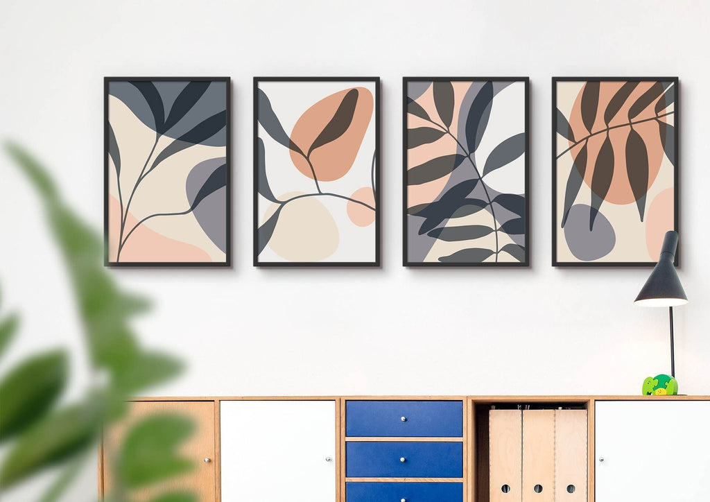 Wall Funk's Floral Abstract Wall Art features four earthy-tone leaf and floral prints above a wooden cabinet. Custom sizes available.