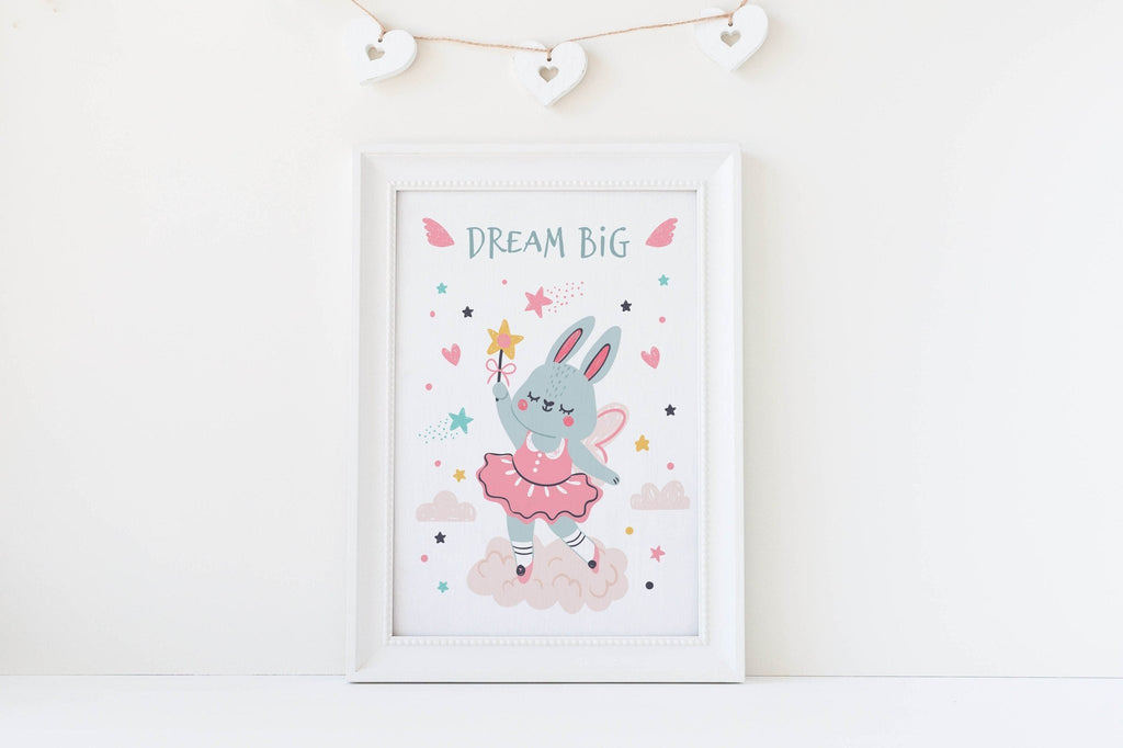 Charming Ballet-Inspired Wall Art by Wall Funk featuring a cute bunny in a tutu and 'Dream Big' text – perfect for nurseries.