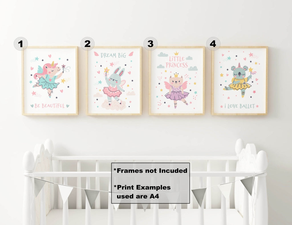 Wall Funk’s charming ballet-inspired nursery wall art prints with enchanting animal characters decorate girls' rooms beautifully.