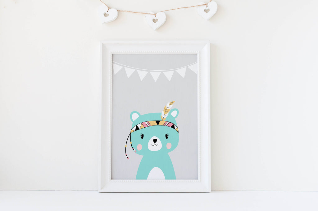 Wall Funk's Children's Cute Zoo Animals Wall Art features a bear with a headband, feathers, and hearts on a light gray backdrop.