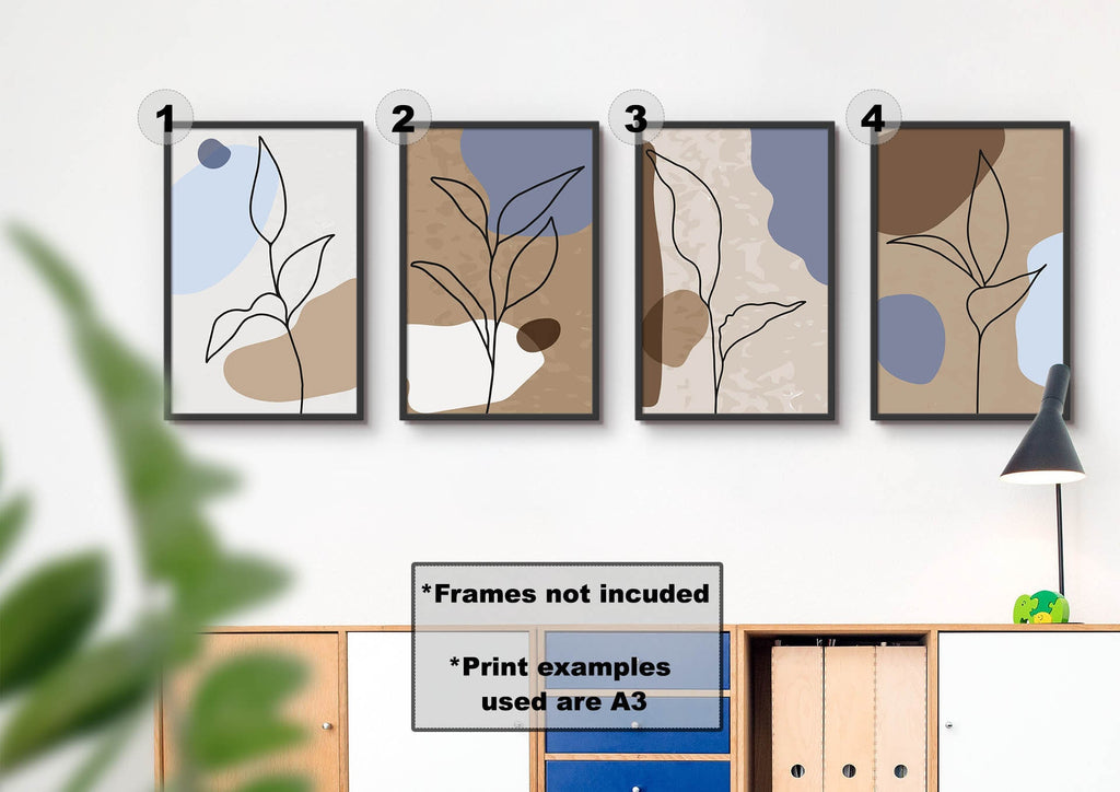 Wall Funk's Elegant Minimalist Floral Prints, numbered 1-4, adorn a white wall. A3 size on card; frames not included.