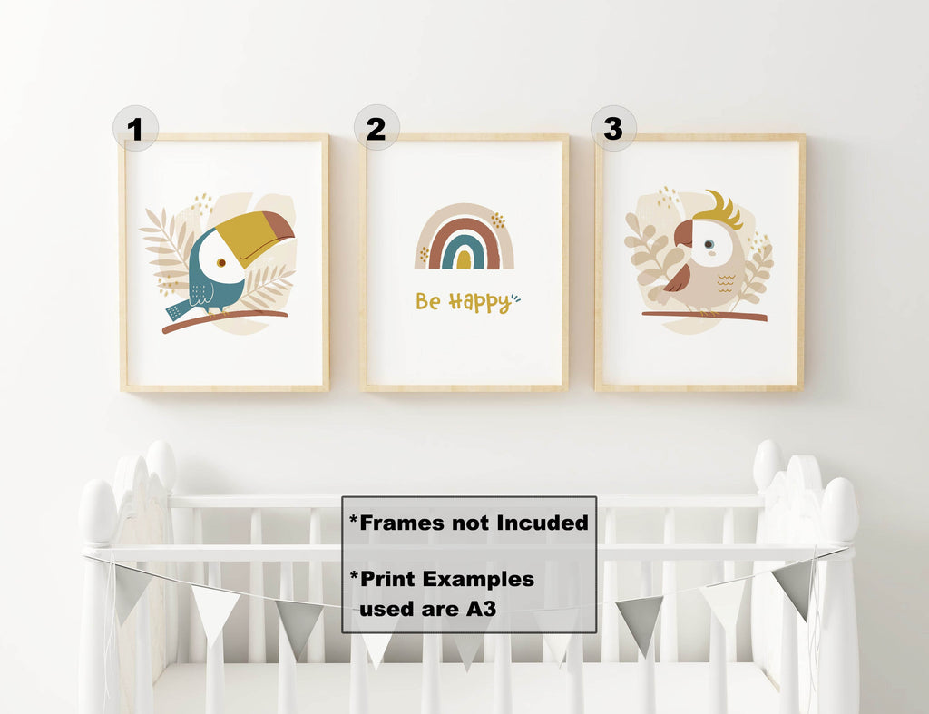 Wall Funk's Nursery Art Prints: toucan, "Be Happy" rainbow, cockatoo above the crib; includes a bunting banner. Product code NP#47.