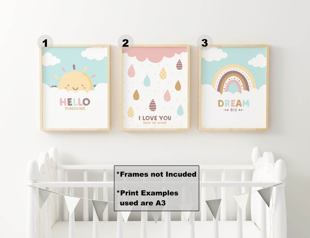 Wall Funk's Nursery Art Prints: sun, raindrops, & rainbow on high-quality card. Custom sizes available. Model: NP#40.