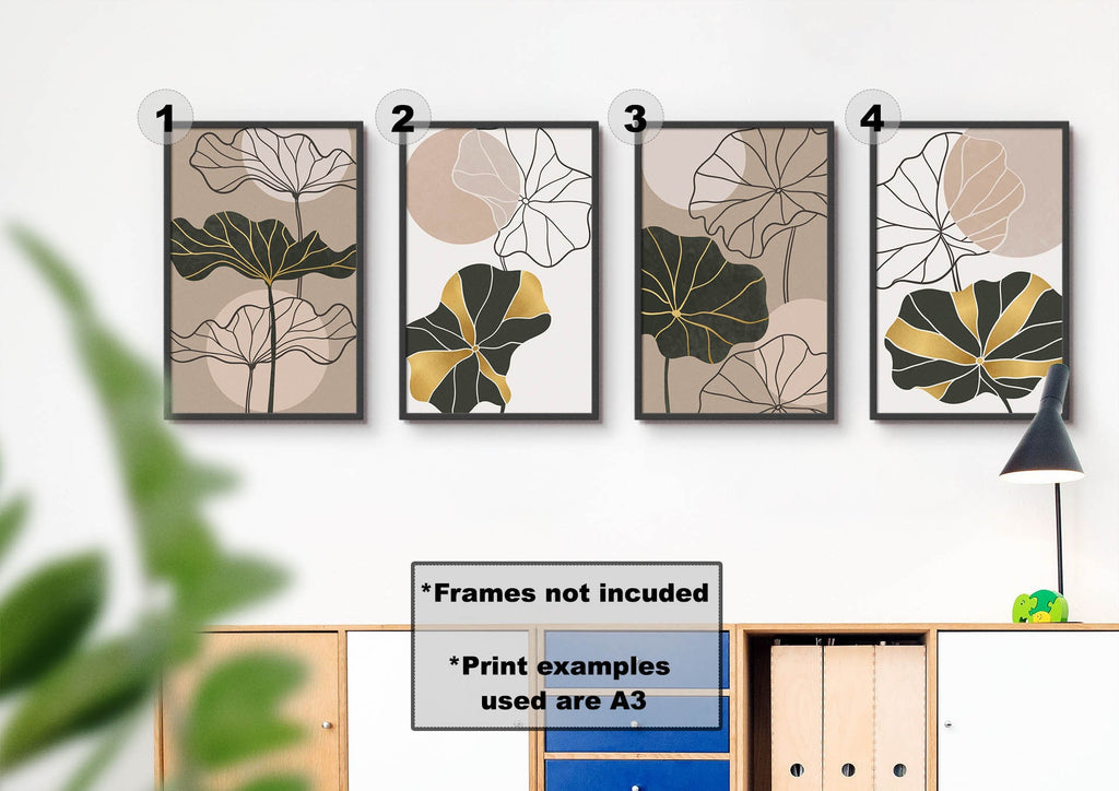 Floral Abstract Wall Art by Wall Funk: Set of four A3 prints, labeled 1-4. Frames not included for these high-quality cards.