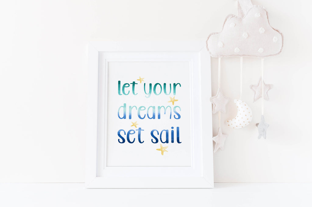 Wall Funk offers ocean prints with narwhal & whale, plus plush clouds, stars & moon inscribed "let your dreams set sail.