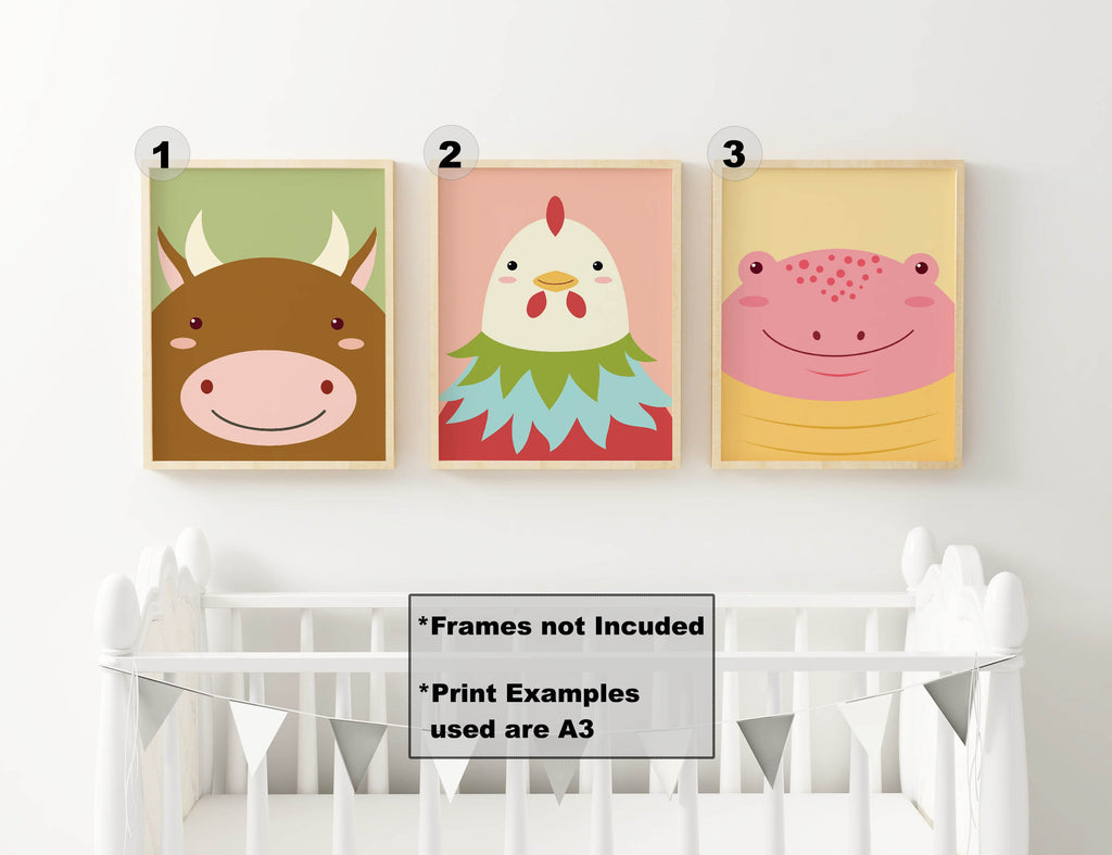 Three Farmyard Animal Nursery Prints by Wall Funk framed above a crib, featuring cow, chicken, and frog. Custom sizes available.