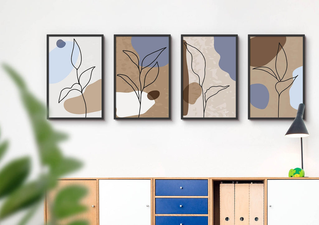 Elegant Minimalist Flowers by Wall Funk: Four floral prints in black frames, perfect above your cabinet. Custom sizes available.