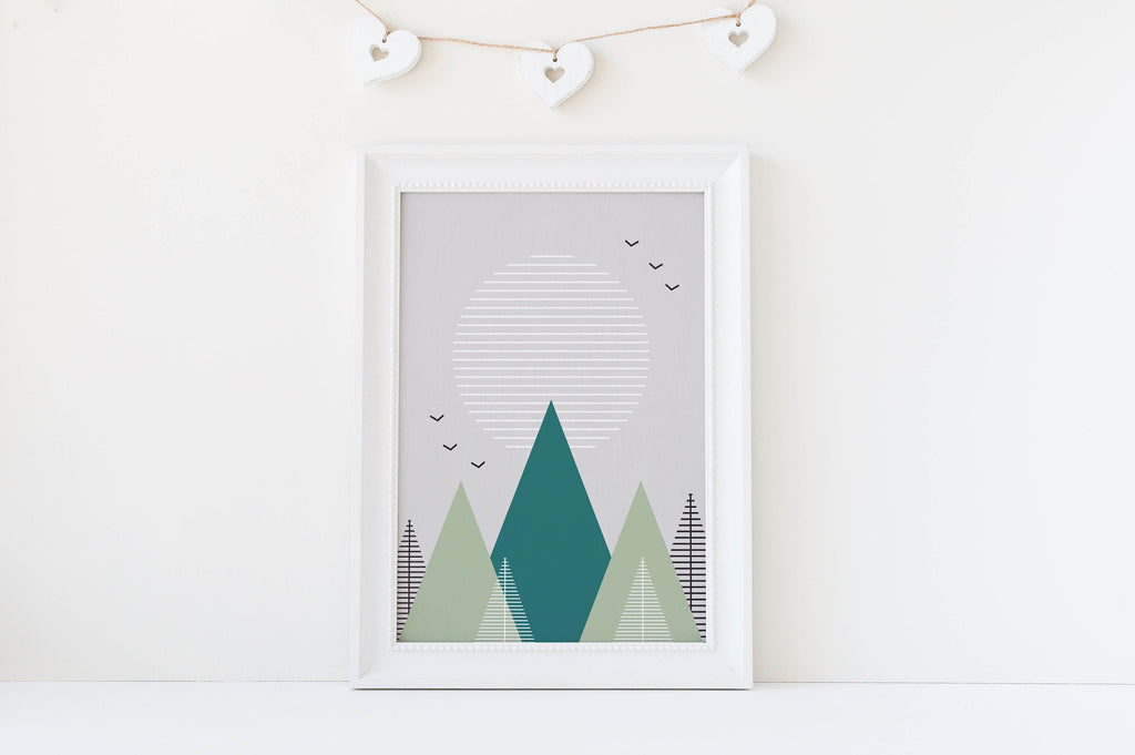 Wall Funk's Children's Boho Mountain Forest Wall Art Prints in a white frame feature heart-shaped string decorations above.