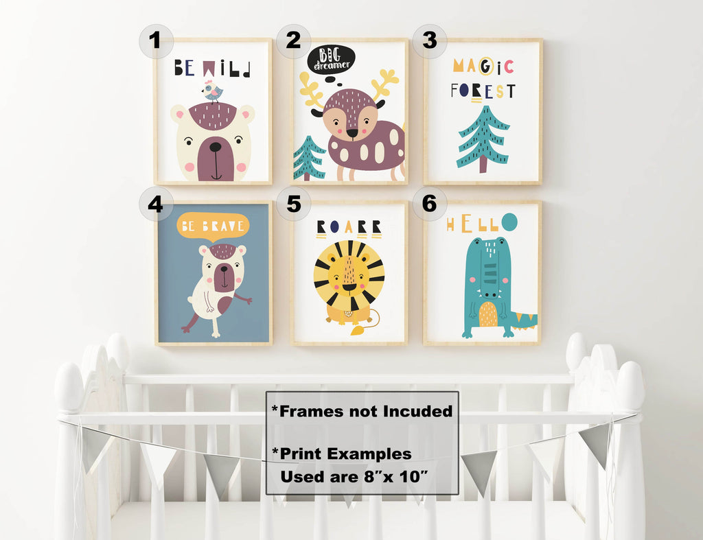 Six Scandinavian Style Boho Children's Art Prints by Wall Funk adorn the nursery wall above a white crib with playful animal illustrations.