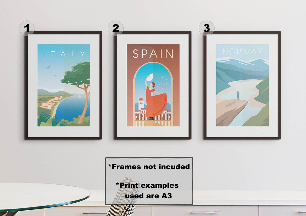 Three Travel Prints, by Wall Funk, feature Italy, Spain, and Norway landscapes in custom sizes.