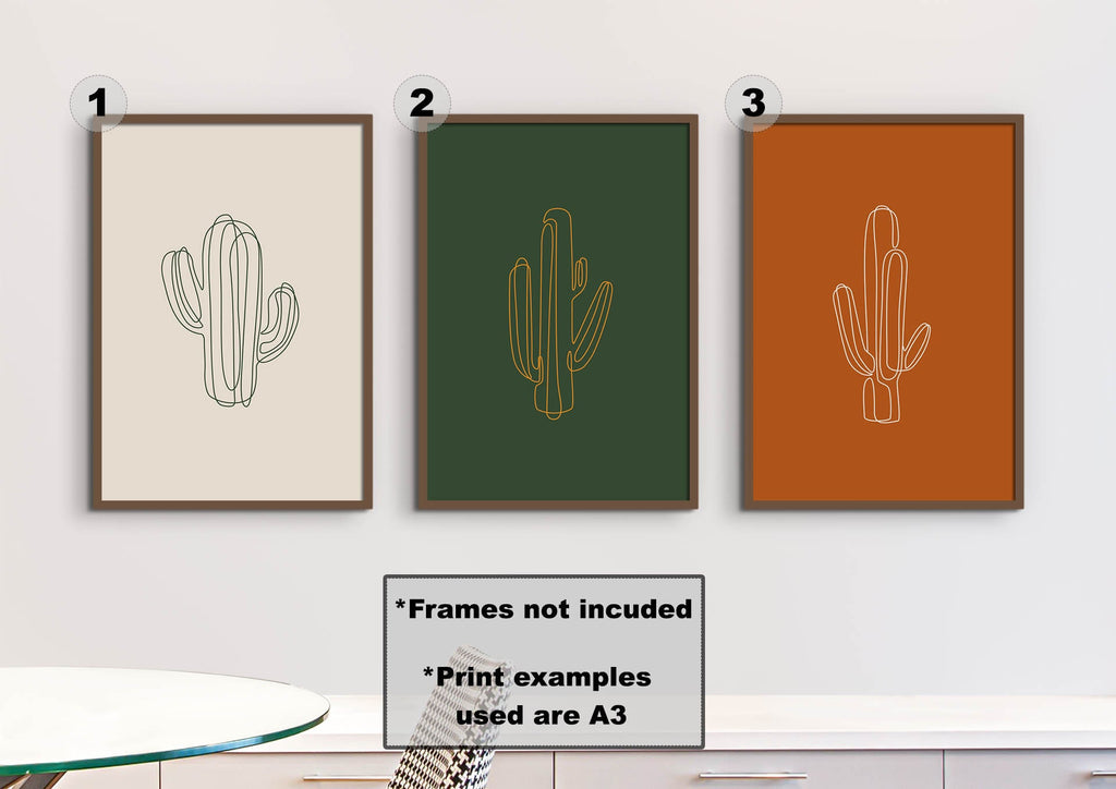 Wall Funk's Floral Abstract Wall Art: Three cactus line prints on beige, green, orange; custom sizes, A3 shown. Frames not included.