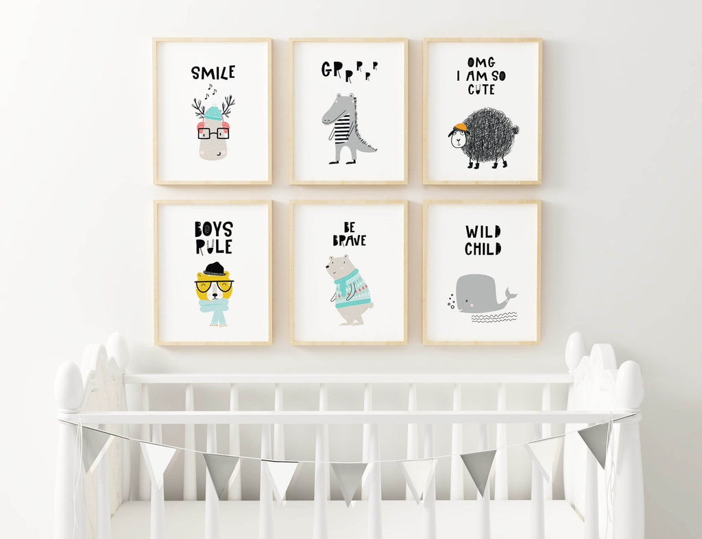 A white crib with Wall Funk's Charming Scandinavian Nursery Prints, featuring playful whimsical animal designs.