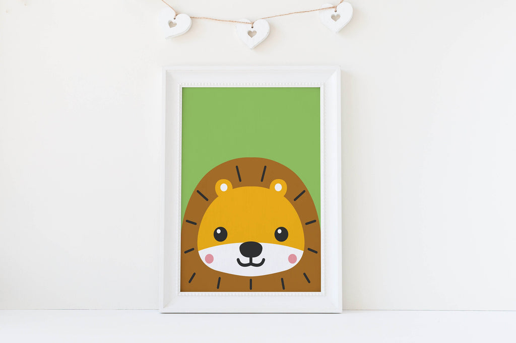 Safari Nursery Prints by Wall Funk: NP#108, cute lion art with a green background—ideal for animal-themed nurseries.