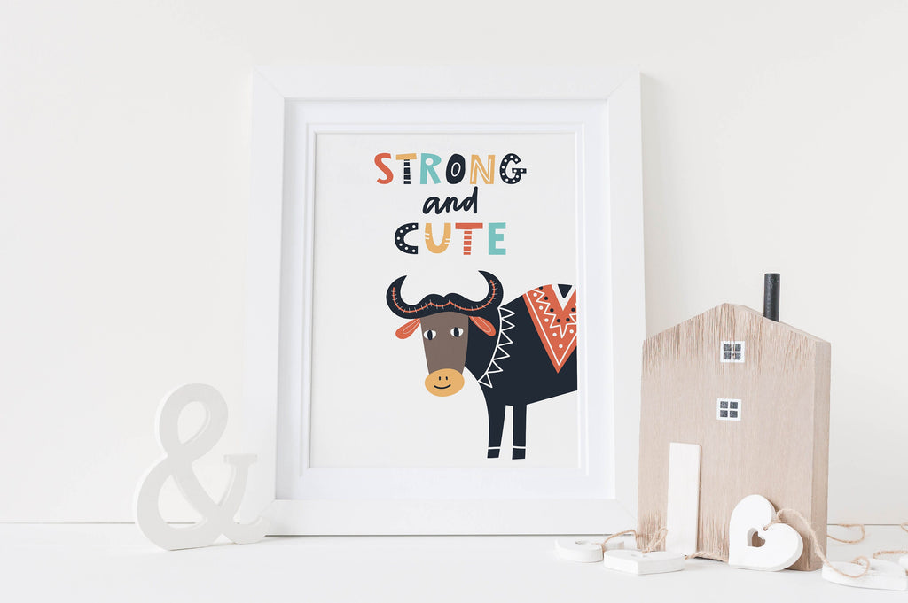 Wall Funk's NP#88 framed art features a patterned yak with "Strong and Cute" text, ideal for minimalist nursery decor.