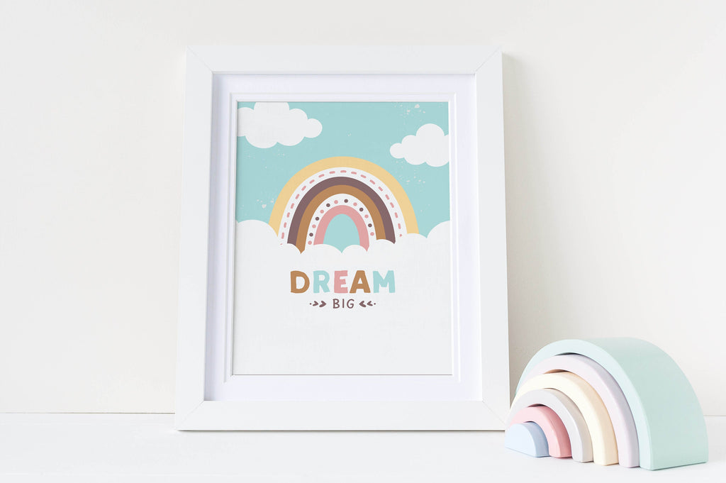 Wall Funk's "DREAM BIG" nursery print, pastel rainbow & clouds. Custom sizes, wooden rainbow included. NP#40.