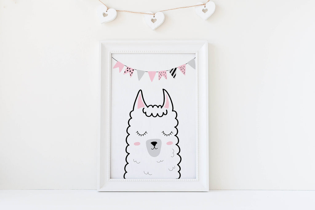 Wall Funk's Children's Cute Safari Art: A framed llama drawing with closed eyes, hearts, and a pink bunting.