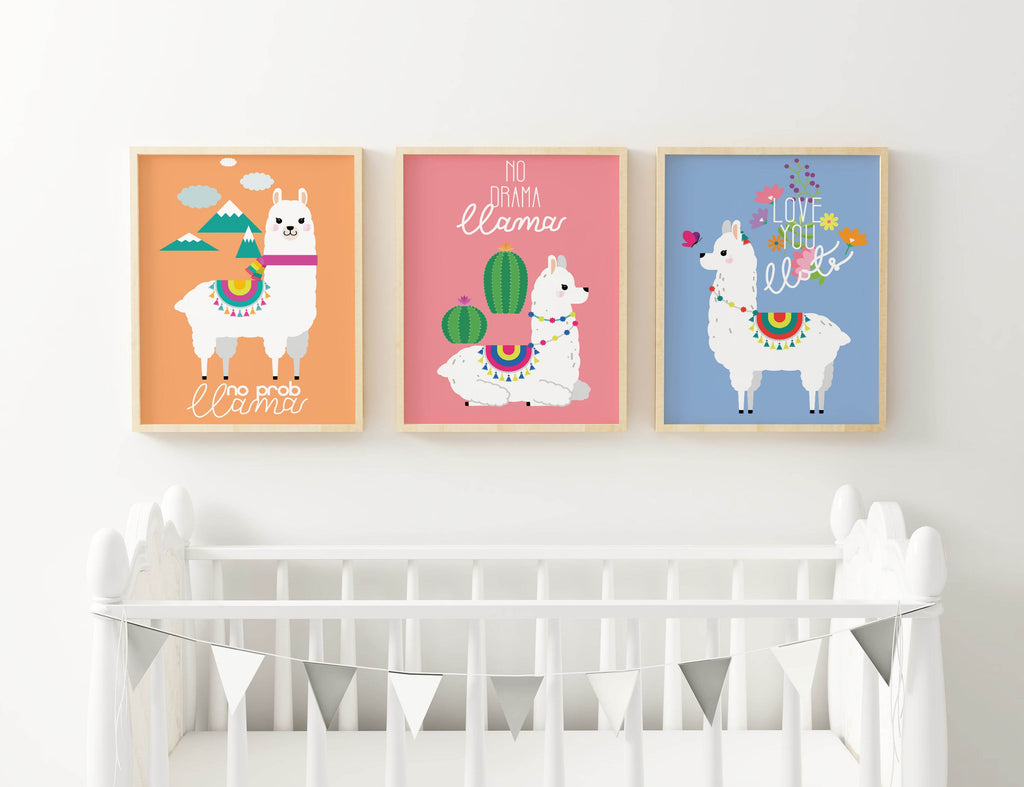 Nursery with Wall Funk's Charming Llama Prints above a white crib, decorated with a small silver pennant banner.