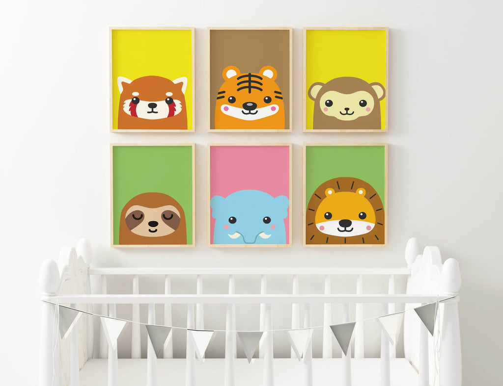 Nursery with white crib, bunting, and Wall Funk's Pop Art Zoo Animals Prints: red panda, tiger, monkey, sloth, elephant, lion.