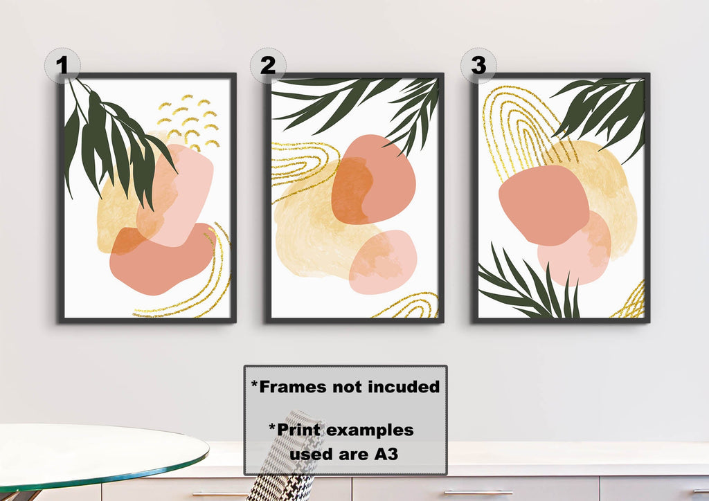 Floral Abstract Wall Art by Wall Funk: Set of 3 A3 prints with peach, gold & green leaves. Frames not included; high-quality card.