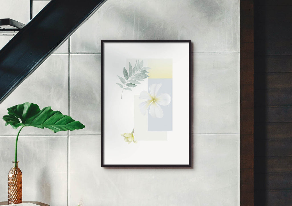 The Floral Abstract Wall Art by Wall Funk adorns your wall, complemented by a vase with a large green leaf.