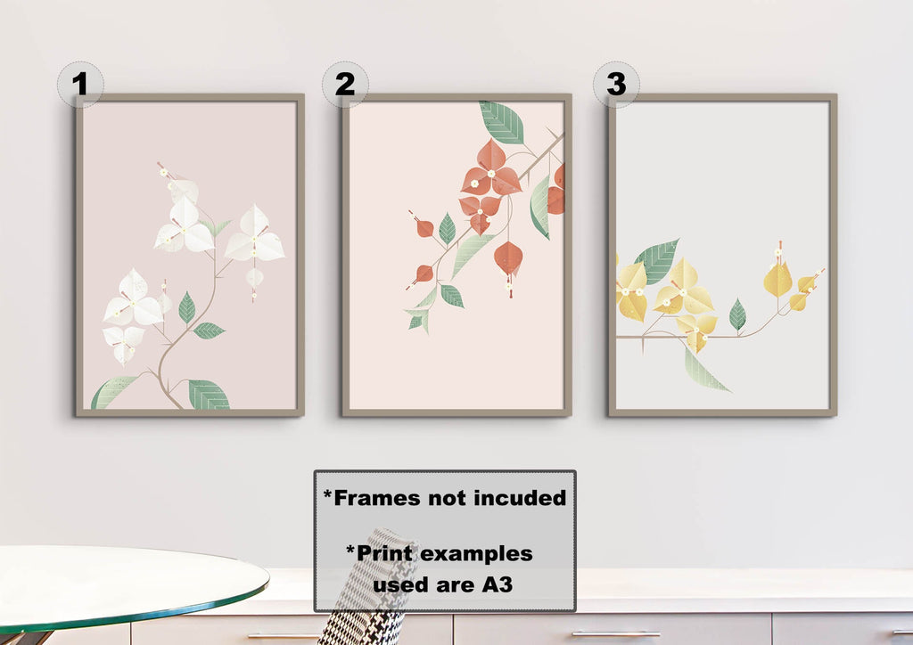 Three Floral Abstract Wall Art prints by Wall Funk, numbered 1-3, with botanical designs above a table. Frames not included.