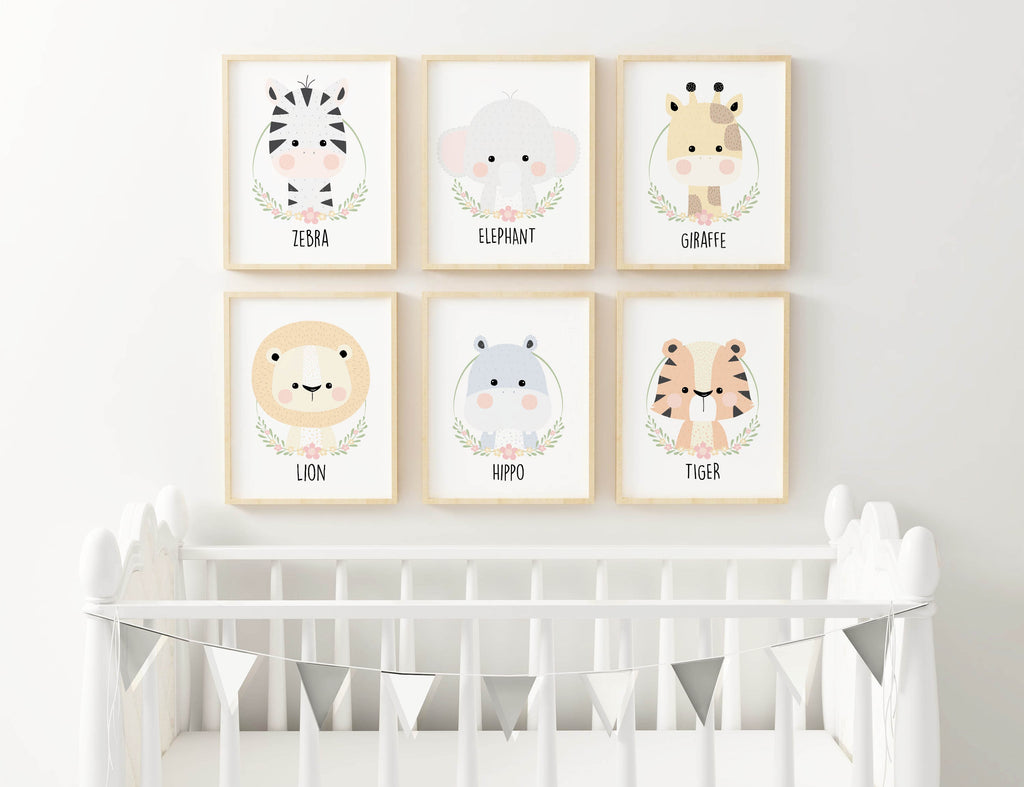 Nursery with Wall Funk Safari Prints: zebra, elephant, giraffe, lion, hippo & tiger on high-quality card. Custom sizes available.