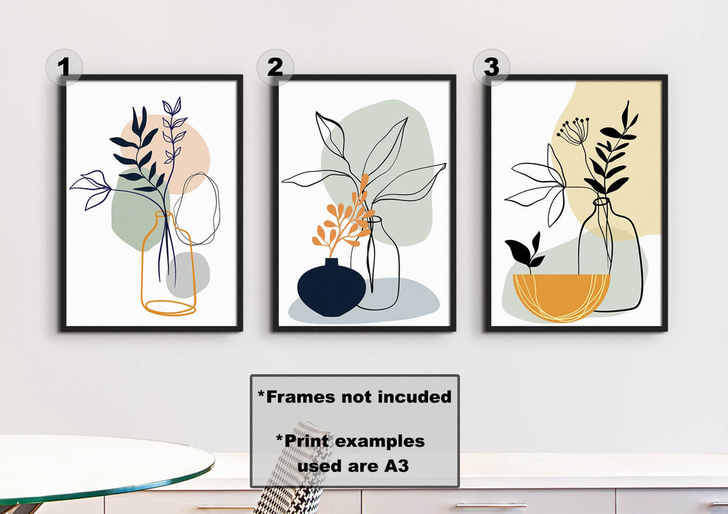 Floral Abstract Wall Art by Wall Funk: Set of 3 high-quality prints with minimalist leaves and vases. Frames not included; custom sizes.