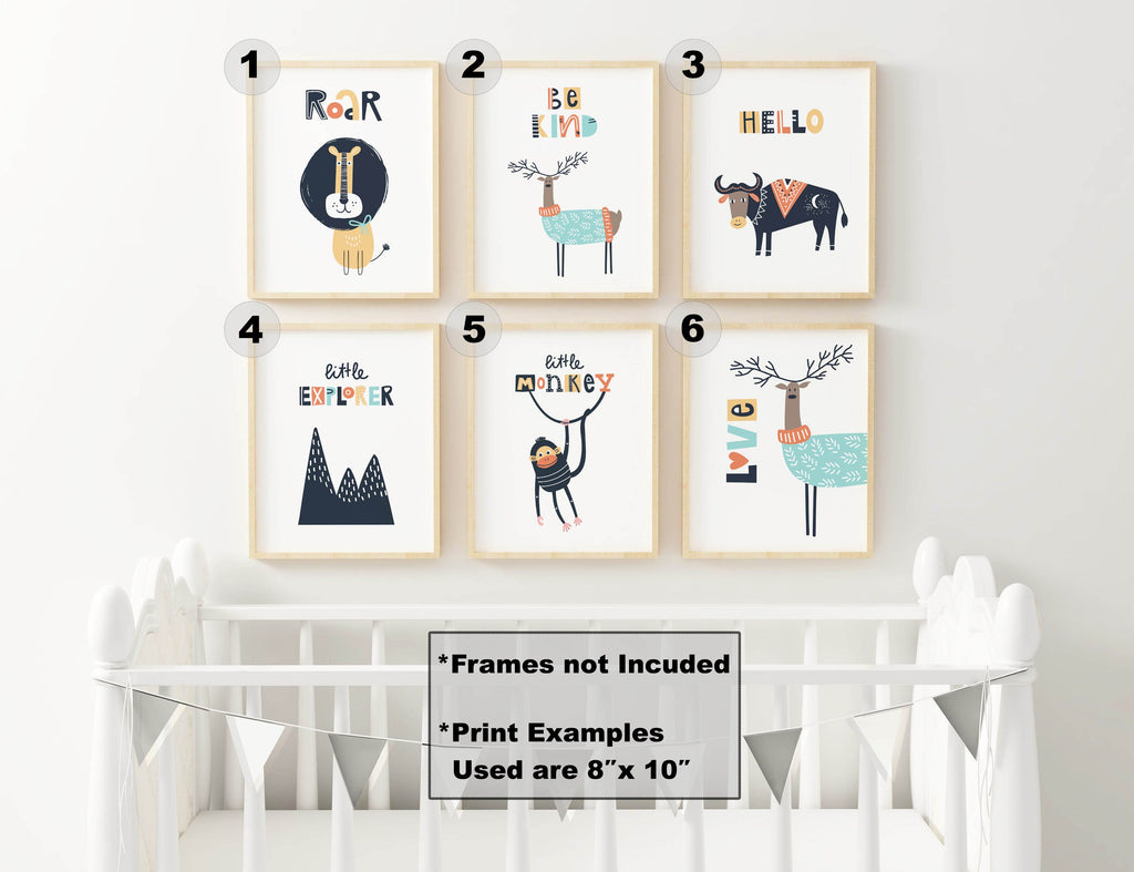 Six Wall Funk prints for a white crib with playful animals and uplifting messages, custom-sized for a vibrant nursery.