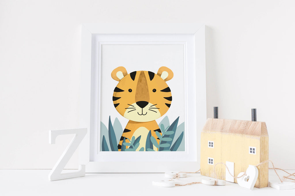 A Wall Funk print featuring a cute tiger amid leaves sits on a white shelf beside a wooden house and the letter "Z". #NP30.