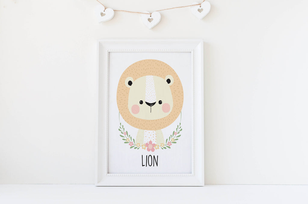 Wall Funk's Children's Cute Safari Animal Wall Art Prints with a lion & heart accents in a white frame.